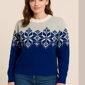 Apres Ski fair isle Nordic style sweater crew neck long sleeves blue white large